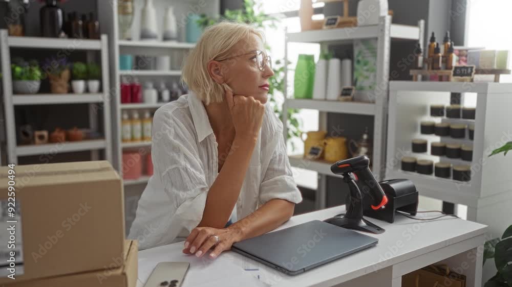 Young, blonde woman with short hair and glasses working in a home decor shop, leaning on counter with thoughtful expression, surrounded by products and shelves Young, blonde woman with short hair and glasses working in a home decor shop, leaning on counter with thoughtful expression, surrounded by products and shelves