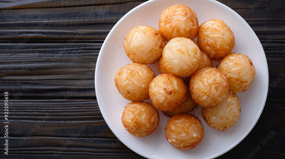 Golden brown deep-fried sweet rice balls covered in sesame seeds Golden brown deep-fried sweet rice balls covered in sesame seeds