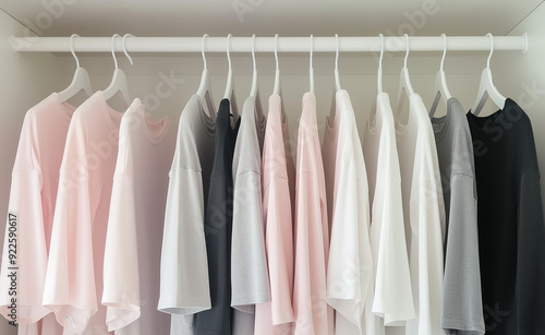 Close-up of shirts in various colors hanging on white hangers. photo