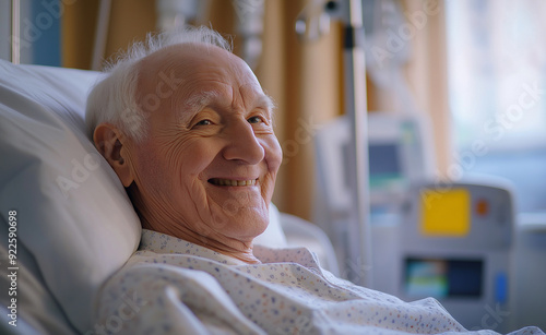 Elderly man smiling while lying in a hospital bed. photo