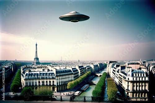 Unidentified flying object flies over Paris. Old photo.