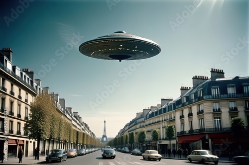 UFO flies over Paris. Old photo.