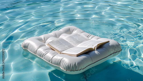 openned book on inflatable mattress floating in swimming pool at summer vacation photo