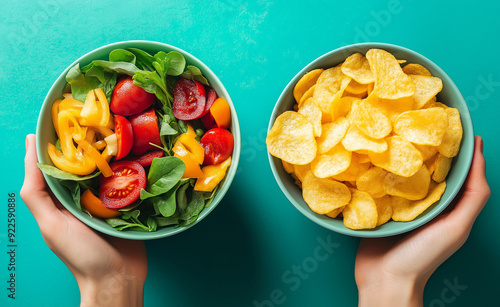 Hands holding bowls of salad and potato chips, representing a food choice. photo