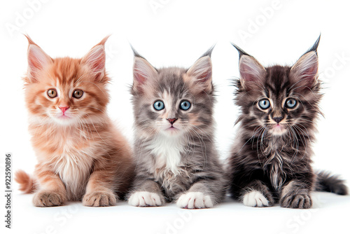 Three red, silver and tortoiseshell Maine Coon kittens on a light background