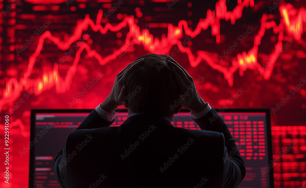 Stressed man looking at declining stock market graphs on a computer screen. Stressed man looking at declining stock market graphs on a computer screen.