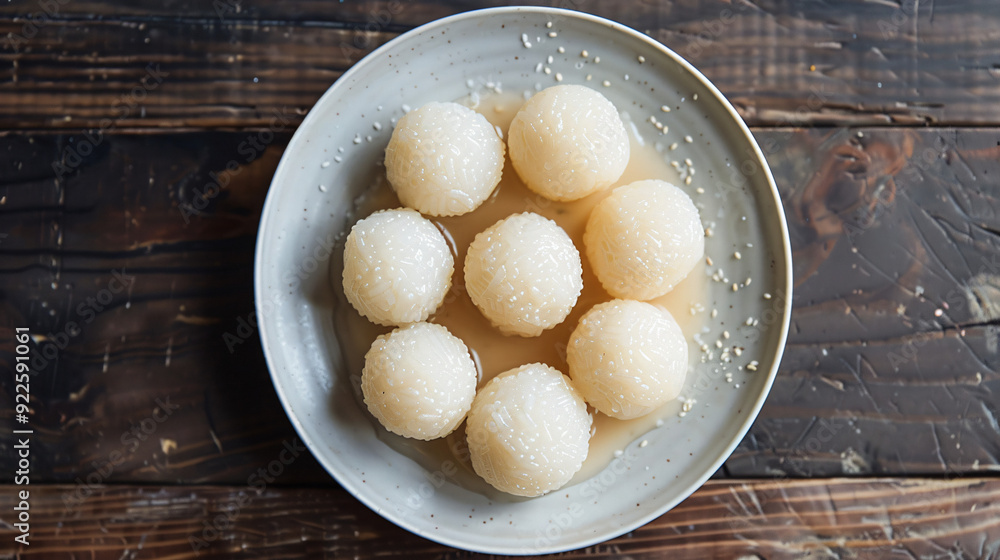 Tang yuan, asian glutinous rice balls, displayed on a dark wooden table, ready to be enjoyed Tang yuan, asian glutinous rice balls, displayed on a dark wooden table, ready to be enjoyed