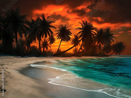 A tropical beach at sunset, with palm trees silhouetted against a fiery orange sky and gentle waves lapping at the shore