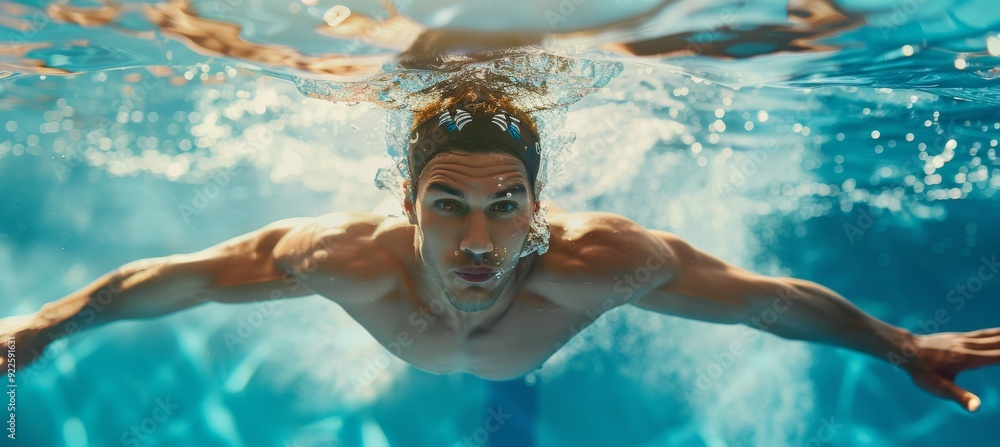 Fototapeta premium Professional Swimmer Performing Butterfly Stroke in Crystal Clear Pool for Sports Training Visuals