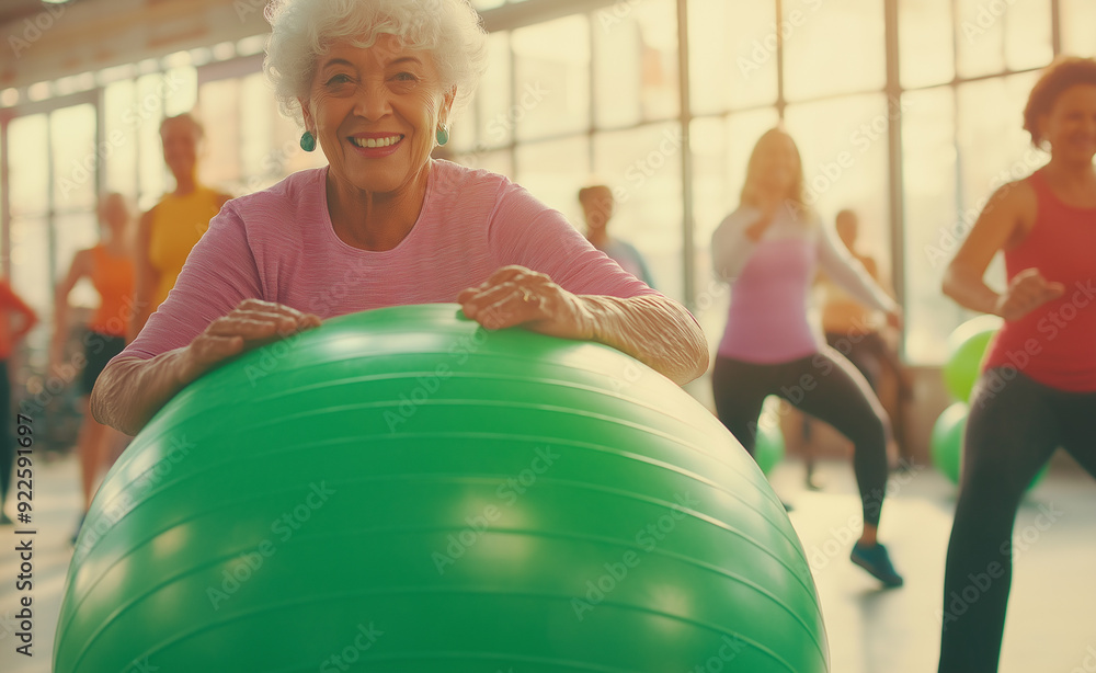 Fototapeta premium An elderly woman smiling while exercising with a green stability ball in a bright, sunlit fitness class.