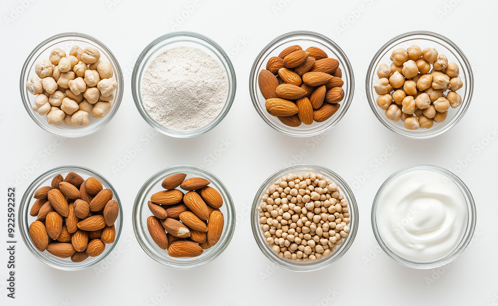 A neatly arranged grid of various dairy-free ingredients including almonds and soy in glass bowls on a white background. A neatly arranged grid of various dairy-free ingredients including almonds and soy in glass bowls on a white background.