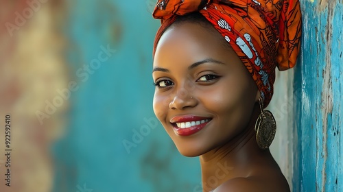 A beautiful Mozambican woman. Mozambique. A beautiful Mozambican woman. A smiling woman with vibrant skin and a colorful head wrap poses against a textured, colorful wall, exuding confidence an. #wotw photo