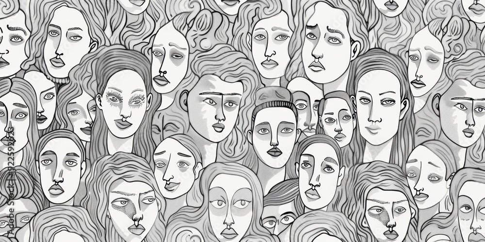 pattern of faces in black and white, forming an endless crowd with intricate details on each face, representing diversity Generative AI pattern of faces in black and white, forming an endless crowd with intricate details on each face, representing diversity Generative AI