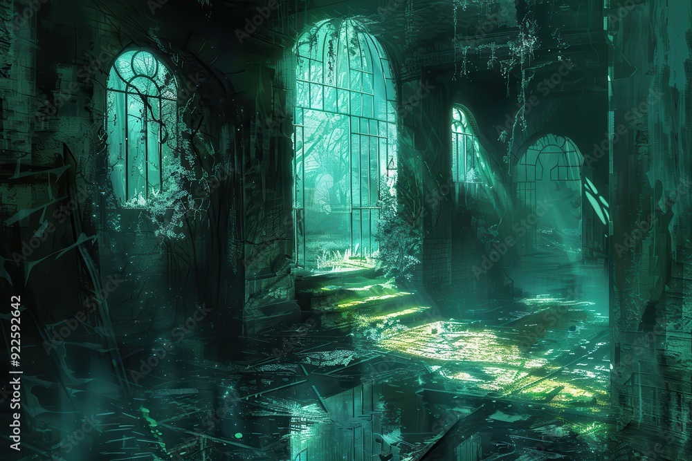 An Eerie, Green-Tinted Interior of an Abandoned Building An Eerie, Green-Tinted Interior of an Abandoned Building