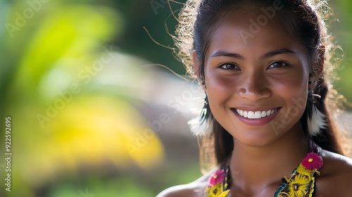 A beautiful Palauan woman. Palau. A beautiful Palauan woman. A cheerful young woman with a radiant smile is adorned in colorful floral accessories, set against a lush, tropical backdrop. . #wotw photo