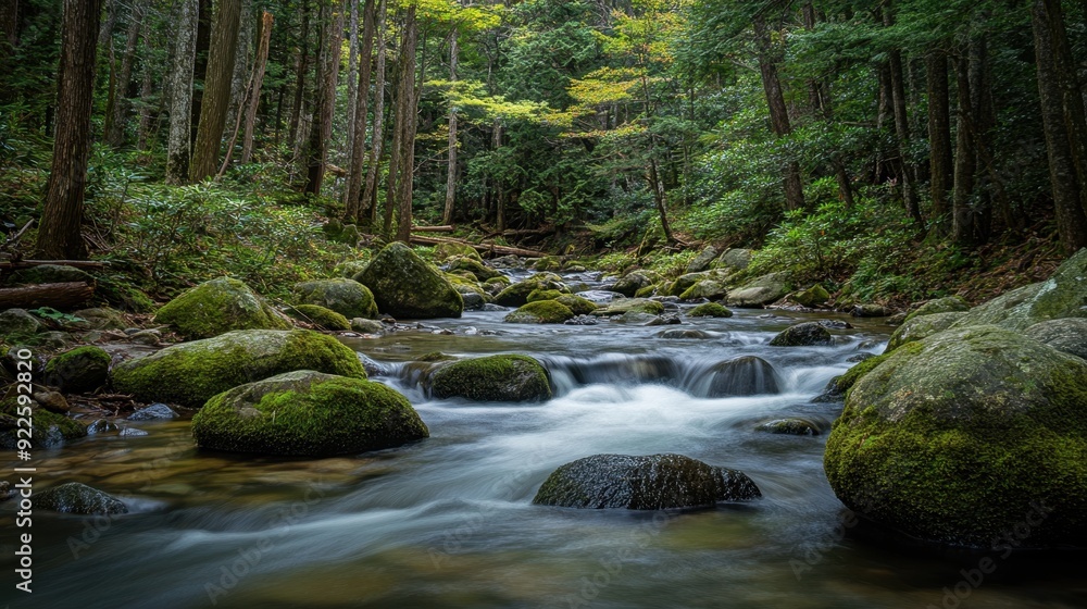 Obraz premium Serene Moss-Covered Rocks in Forest Stream