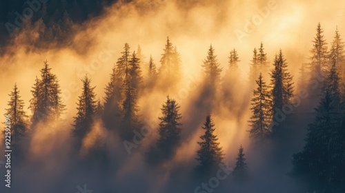 Enchanting Forest Mystery: Misty Trees at Golden Hour