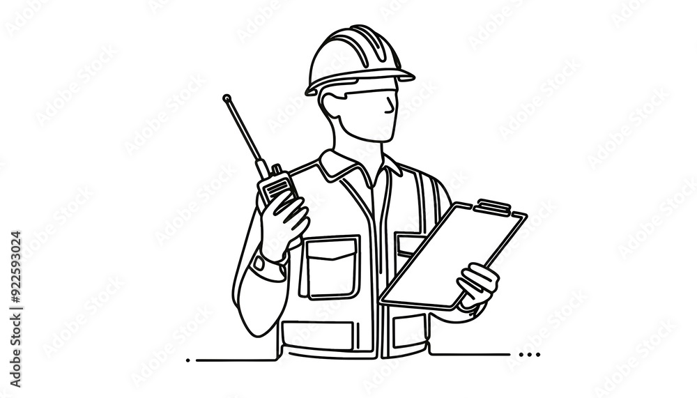 Single line drawing of a construction supervisor holding a walkie-talkie and a clipboard. Diversity and Inclusion in workplace Illustration concept Single line drawing of a construction supervisor holding a walkie-talkie and a clipboard. Diversity and Inclusion in workplace Illustration concept