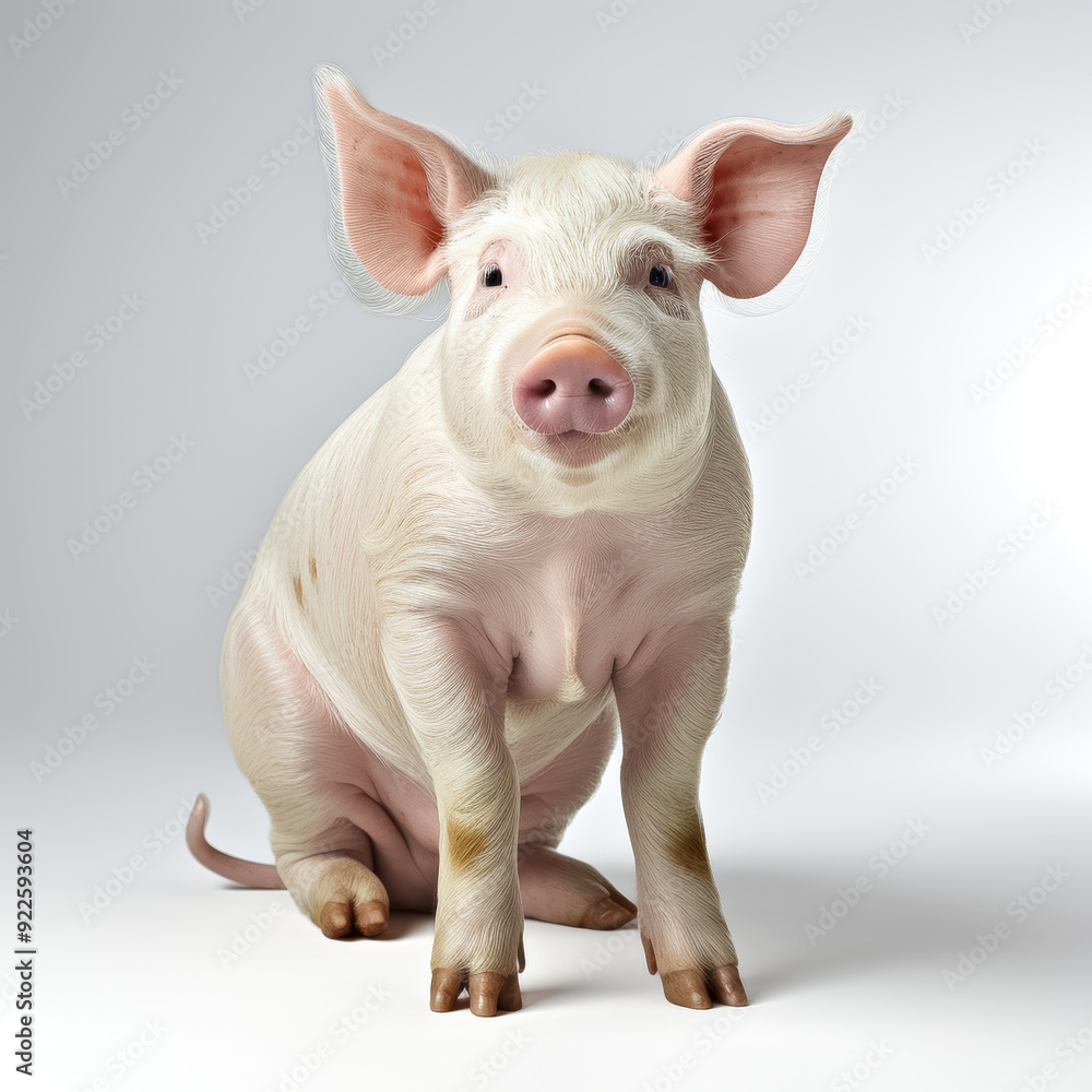 Glückliches Hauschwein, freigestellt vor neutralem Hintergrund, Generative AI