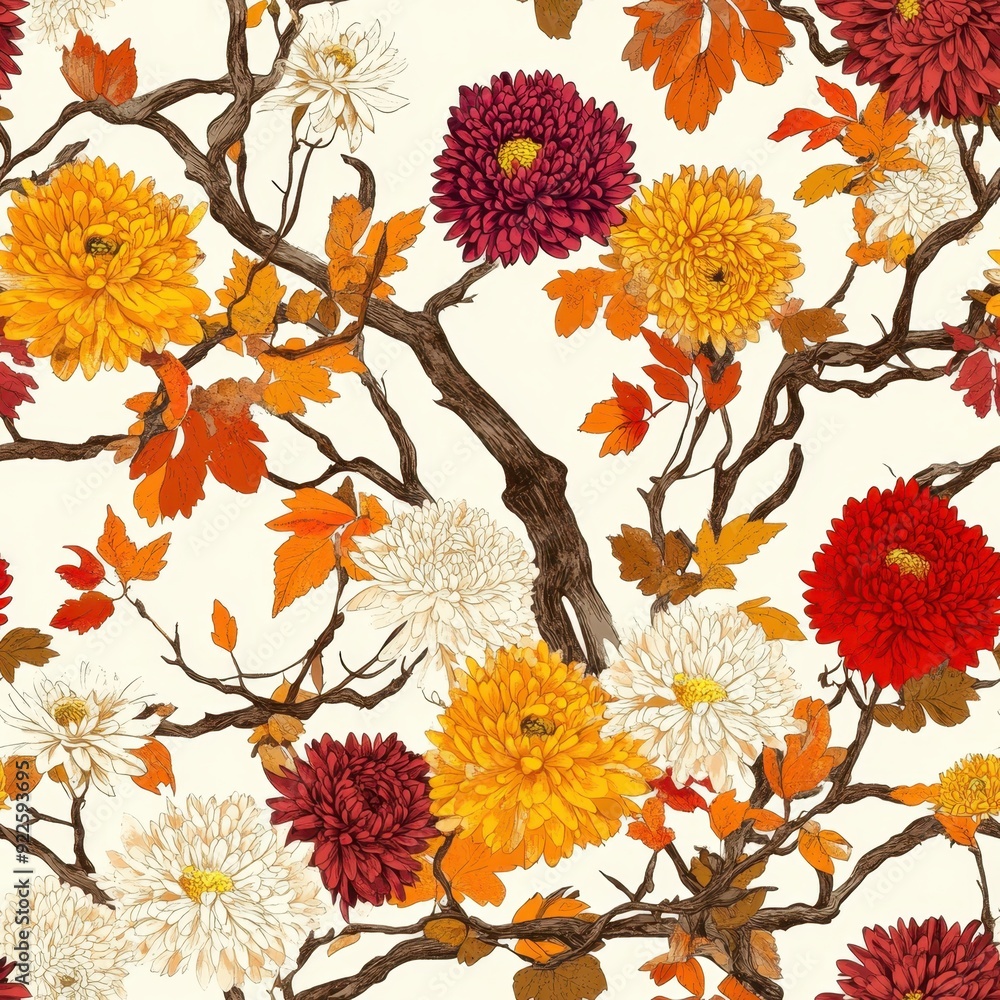 Obraz premium Autumnal Chrysanthemum Elegance: Floral Vintage Illustration