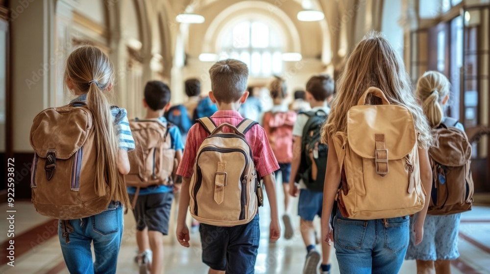 Back to school. A group of schoolchildren with backpacks walk along the school corridor during recess. Education and science concept. Back to school. A group of schoolchildren with backpacks walk along the school corridor during recess. Education and science concept.