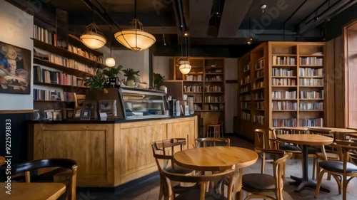  Modern Cafe Interior with Bookshelves and Tables