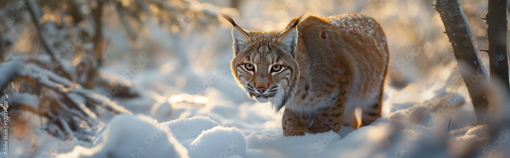 Fototapeta premium A lynx stalks through a snowy forest