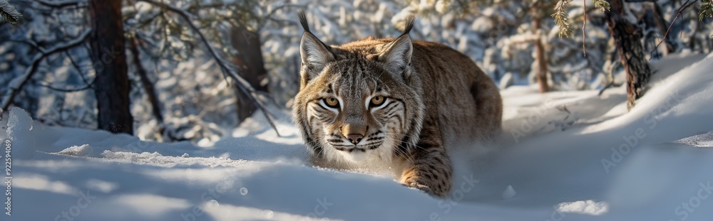 A lynx stalks through a snowy forest A lynx stalks through a snowy forest