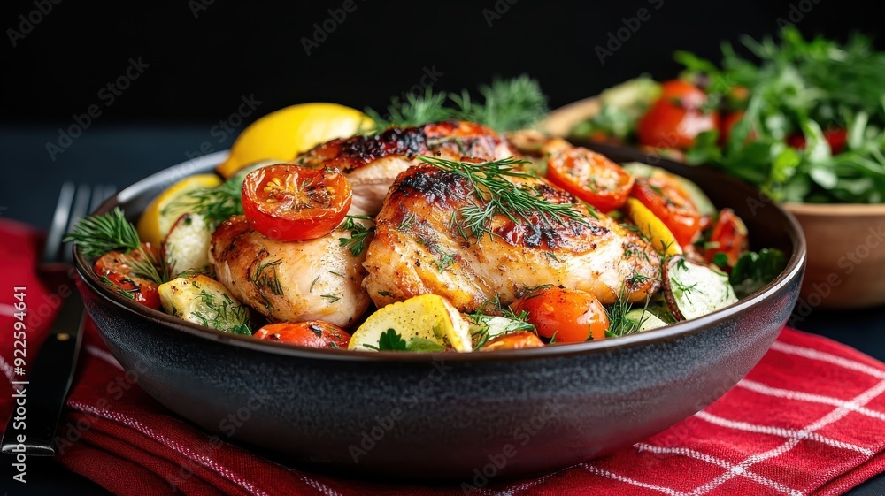 Tender roasted chicken with lemon and tomatoes, garnished with dill and chives, on a red tablecloth with a rustic salad bowl. Tender roasted chicken with lemon and tomatoes, garnished with dill and chives, on a red tablecloth with a rustic salad bowl.