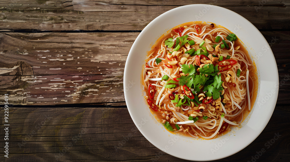 Spicy thai noodle soup with coriander, peanuts, and chili peppers in a rustic setting Spicy thai noodle soup with coriander, peanuts, and chili peppers in a rustic setting