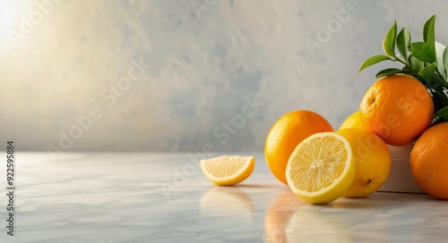 Fresh Citrus Fruits and Green Leaves in a White Vase on a Marble Countertop