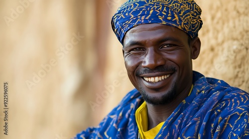 A handsome Chadian man. Chad. A cheerful young African man wearing traditional attire smiles warmly against a rustic wall, showcasing cultural heritage and community spirit. . #motw photo