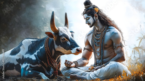 Beautiful digital painting of lord Shiva with Nandi the bull, perfect for home decor and gifts photo