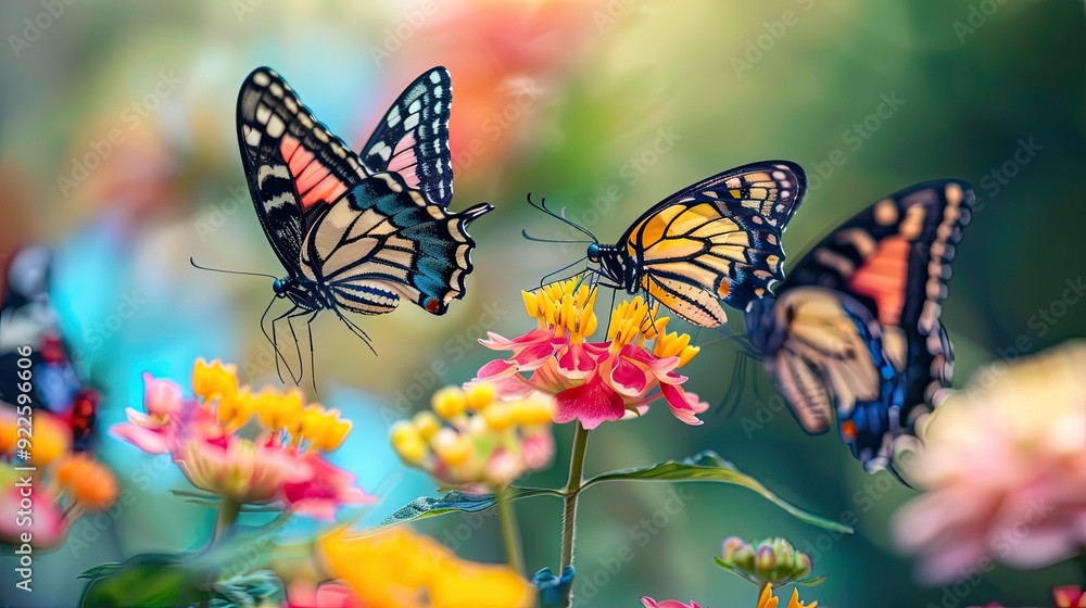 Obraz premium Three Butterflies on Flowers