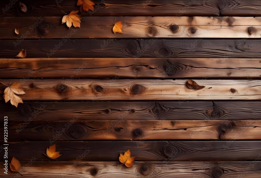 Horizontal arrangement of weathered wooden planks in an autumn-themed setting, with painted colorful leaves scattered across the surface, highlighting the orange tones., intense dark chestnut brown, Horizontal arrangement of weathered wooden planks in an autumn-themed setting, with painted colorful leaves scattered across the surface, highlighting the orange tones., intense dark chestnut brown,