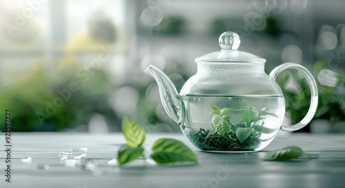Fresh Mint Leaves Steeping in Glass Teapot With Soft Background