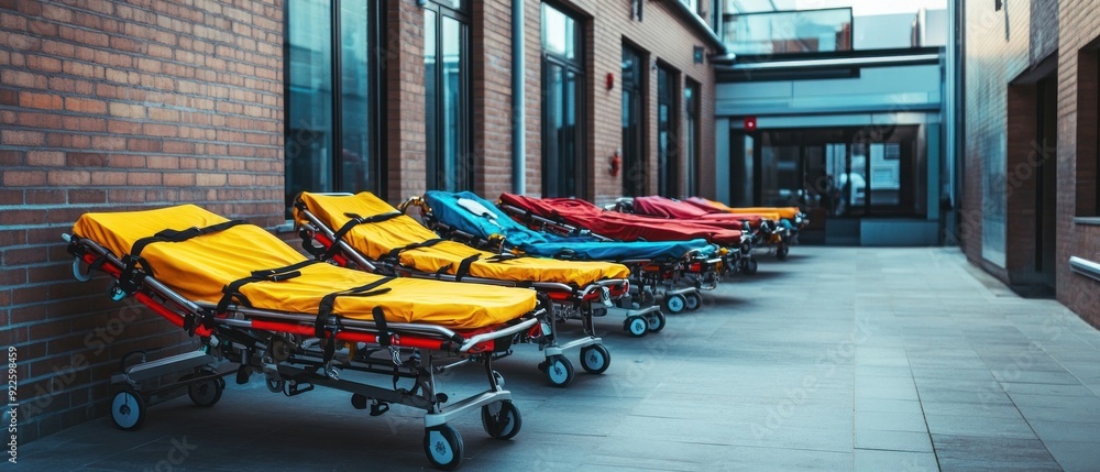 custom made wallpaper toronto digitalA Row of Colorful Emergency Stretchers Parked Outside a Building