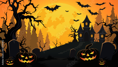 Halloween poster with pumpkins, bats, cemetery and scary castle against the backdrop of a creepy big orange moon. Holiday flyer, poster or banner. Halloween vector illustration.
