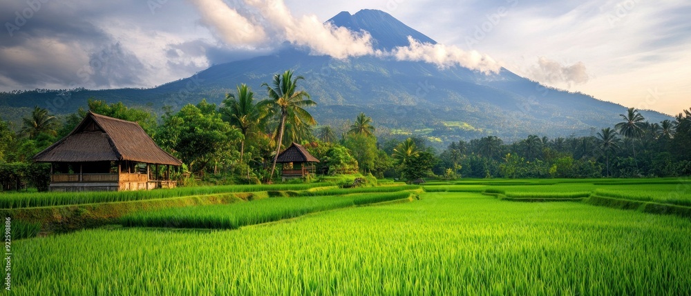 Lush Green Rice Paddy Fields with Traditional Houses and a Mountain in the Background Lush Green Rice Paddy Fields with Traditional Houses and a Mountain in the Background