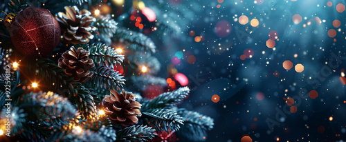Wallpaper Mural Festive Christmas background with sparkling lights, decorated tree, red baubles and falling snow. Background is blurred, winter banner for Christmas card or social media post template with copy space Torontodigital.ca