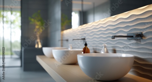 Modern Bathroom Design With Three White Sinks and Textured Wall in Bright Nat...
