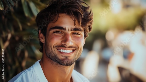 A handsome Monegasque man. Monaco. A young man with a warm smile and casual attire poses outdoors amidst greenery, exuding confidence and positivity.. #motw