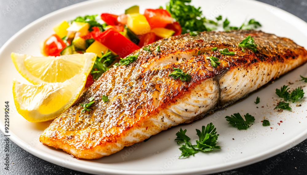 a cooked fillet of trout, fried a golden-brown crisp, on a white plate. The fillet has a slightly crispy skin with a moist, flaky interior. The plate is garnished with fresh lemon wedges, herbs a cooked fillet of trout, fried a golden-brown crisp, on a white plate. The fillet has a slightly crispy skin with a moist, flaky interior. The plate is garnished with fresh lemon wedges, herbs