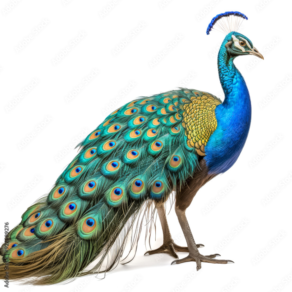 Obraz premium Prächtiger Pfau, freigestellt vor weissem Hintergrund, Generative AI