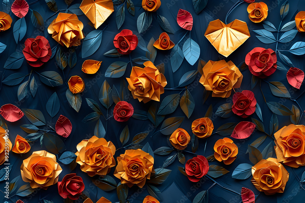 Paper Flower Bouquet Illustration - Red and Yellow Roses on Dark Blue Background Paper Flower Bouquet Illustration - Red and Yellow Roses on Dark Blue Background