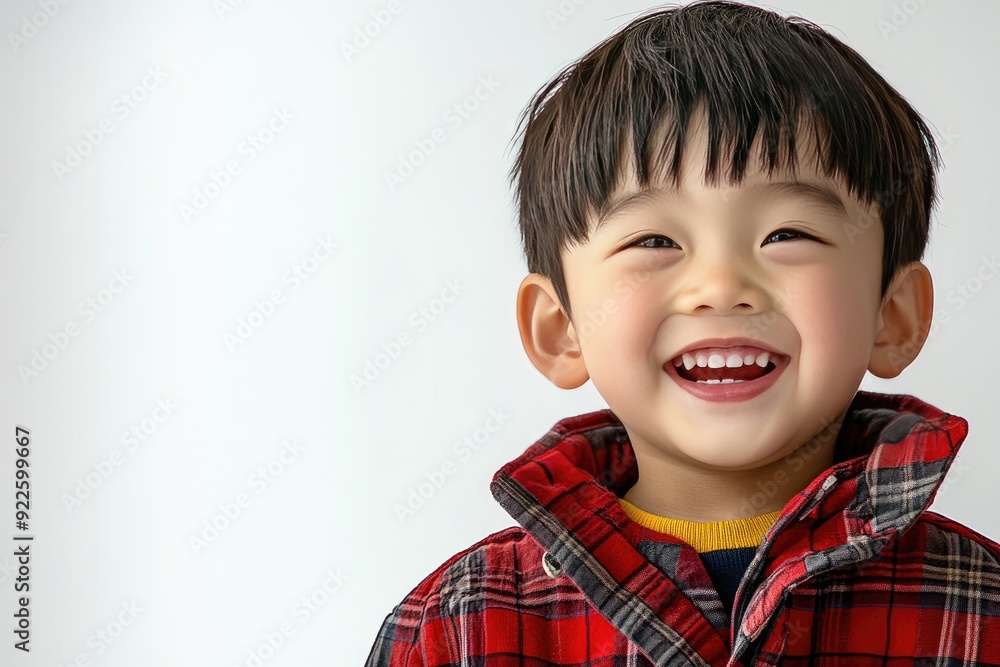 Joyful young child in a red plaid jacket smiles brightly against a light backdrop Joyful young child in a red plaid jacket smiles brightly against a light backdrop
