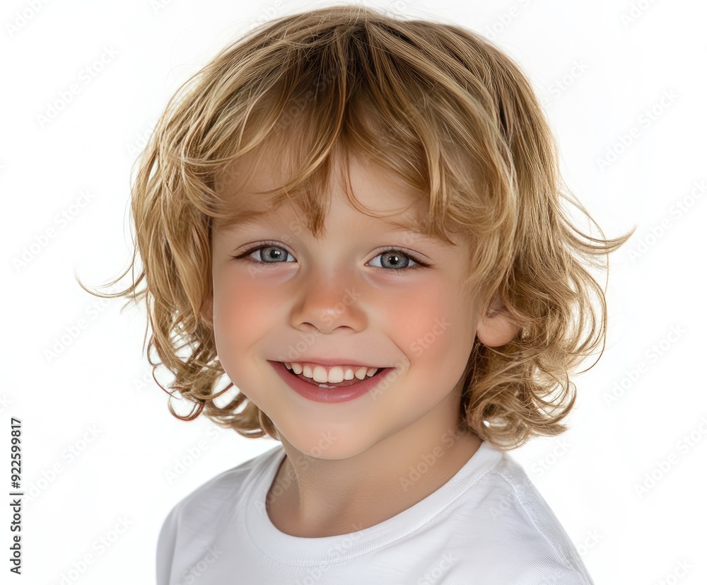 A cheerful child with curly hair smiles brightly against a light backdrop, capturing a moment of pure joy A cheerful child with curly hair smiles brightly against a light backdrop, capturing a moment of pure joy