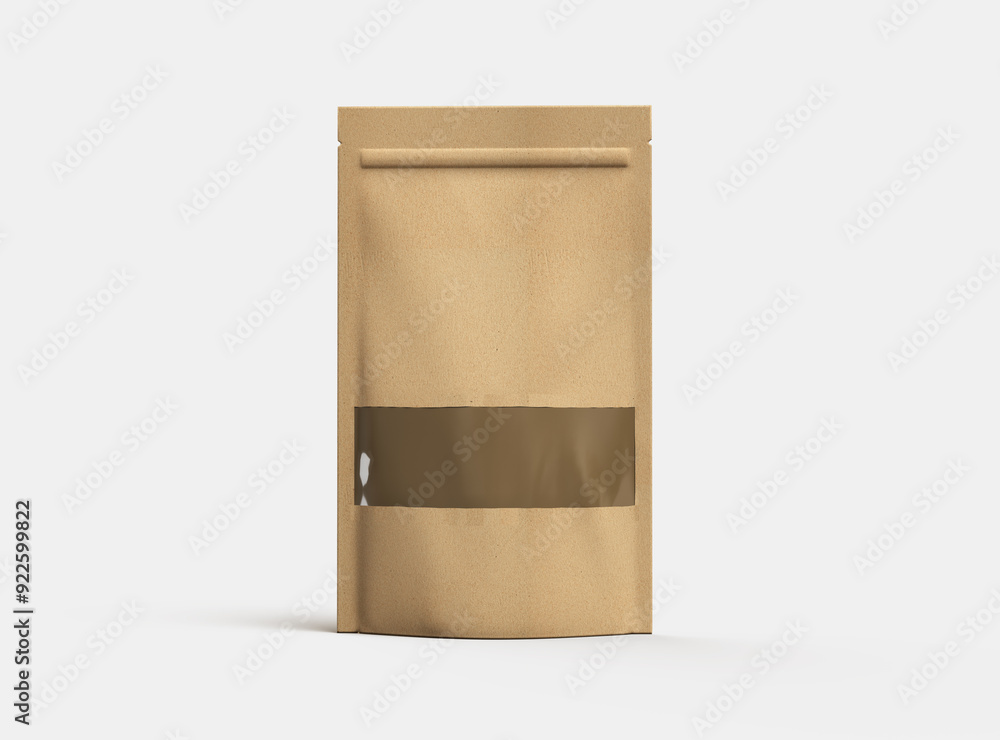 Render of a long paper doypack with the window hole on a light background Render of a long paper doypack with the window hole on a light background