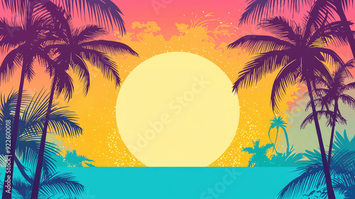 Colorful summer background with palm trees and sunset, summer beach poster template