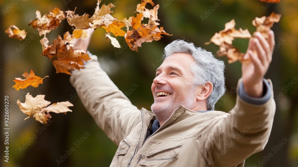 Obraz premium Joyful Senior Man Embracing Autumn with Open Arms and Falling Leaves